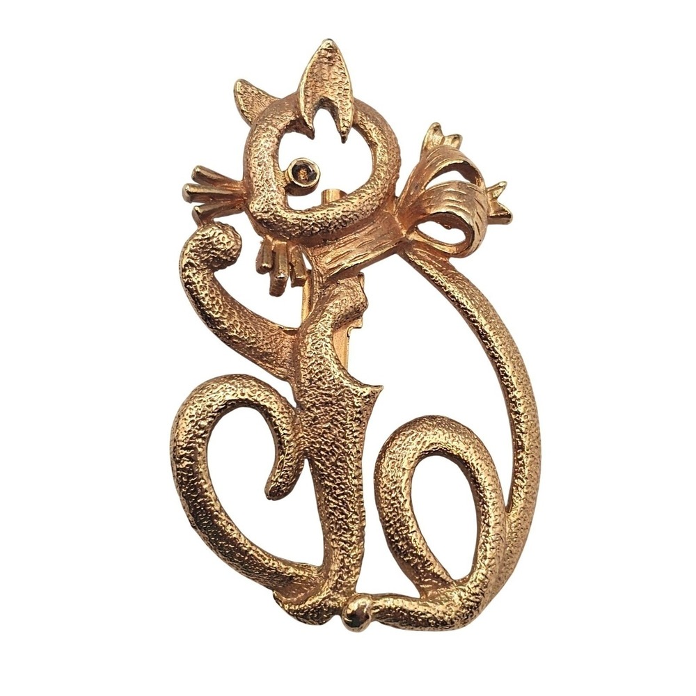 Vtg Cat Brooch Pin Gold Tone Textured Kitty with Bow Animal Lover Gift Cute‎